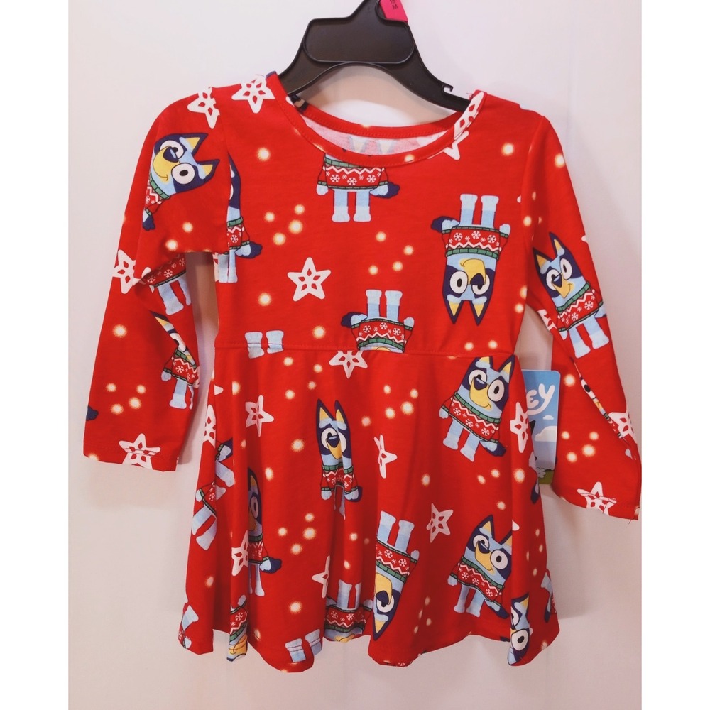 New Toddler Girl's Bluey All Over Print Festive Holiday Dress, 18 Months
